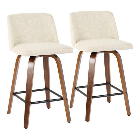 Lumisource Toriano Mid-Century Modern Counter Stool in Walnut and Cream Fabric - Set of 2