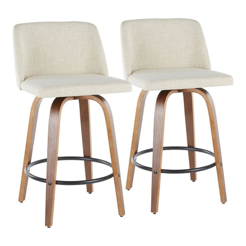 Lumisource Toriano Mid-Century Modern Counter Stool in Walnut and Cream Fabric - Set of 2