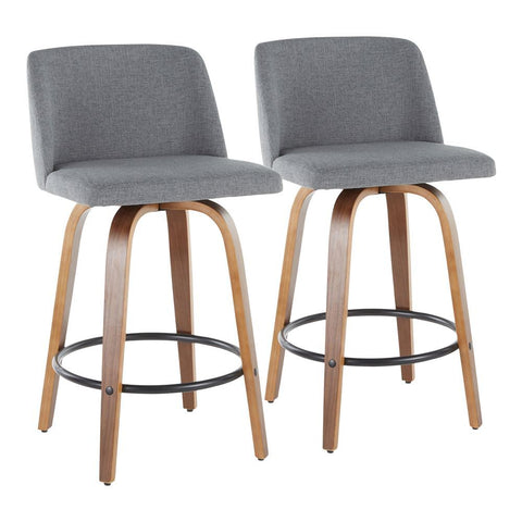 Lumisource Toriano Mid-Century Modern Counter Stool in Walnut and Grey Fabric - Set of 2