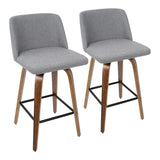 Lumisource Toriano Mid-Century Modern Counter Stool in Walnut and Grey Fabric - Set of 2