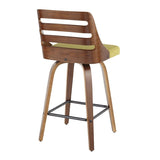 Lumisource Trevi Mid-Century Modern Counter Stool in Walnut Wood & Green Fabric - Set of 2