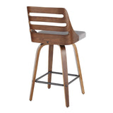 Lumisource Trevi Mid-Century Modern Counter Stool in Walnut Wood & Grey Fabric - Set of 2