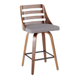 Lumisource Trevi Mid-Century Modern Counter Stool in Walnut Wood & Grey Fabric - Set of 2