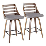 Lumisource Trevi Mid-Century Modern Counter Stool in Walnut Wood & Grey Fabric - Set of 2