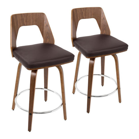 Lumisource Trilogy Mid-Century Modern Counter Stool in Walnut and Brown Faux Leather - Set of 2