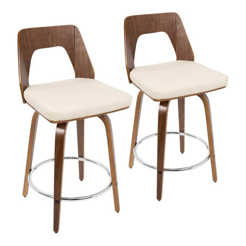 Lumisource Trilogy Mid-Century Modern Counter Stool in Walnut and Cream Faux Leather - Set of 2