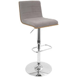 Lumisource Vasari Mid-Century Modern Adjustable Barstool with Swivel in Walnut and Grey Fabric