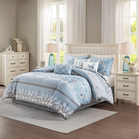 Madison Park Willa 7 Piece Cotton Printed Comforter Set - Queen